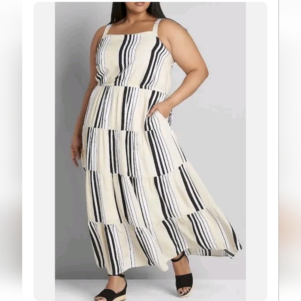 LANE BRYANT Tiered Maxi Dress Striped Cream Black Size 18